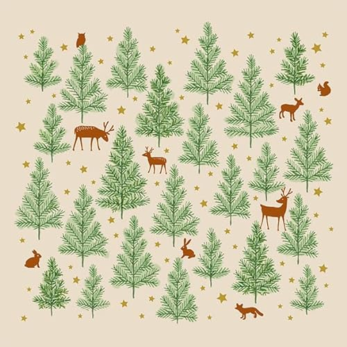 20 Servietten Weihnachten Hirsche im Wald voller grüner Bäume als Tischdeko. Papierservietten mit Motiv. Auch für Decoupage und Serviettentechnik 33x33cm