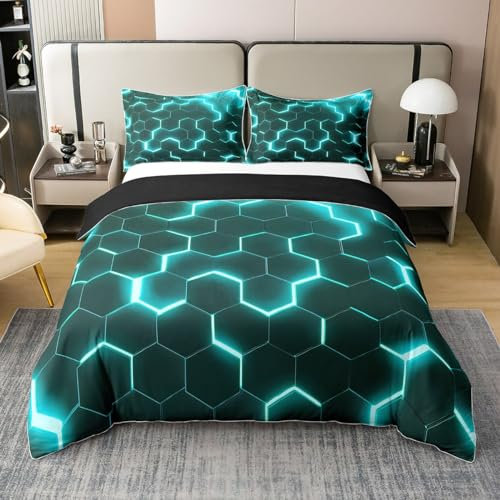 100% Baumwolle 135x200 Bettwäsche Set,Honigwaben Geometrische Bettbezug,Neon Lichter Geometrie Tröster Bezug,Bienenstock Hexagon Quilt Cover mit 1 Kissenbezug Neon Licht Reversible Komfort,Teal