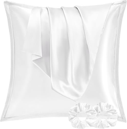 Vielit 2 Stück Satin Kissenbezug 80x80 Weiß, Weich wie Seidenkissenbezug, Bessere Pflege als Silk Pillosecase, Satin Kopfkissenbezug Kissenhülle für Haar und Haut kommt mit 2 Haargummis