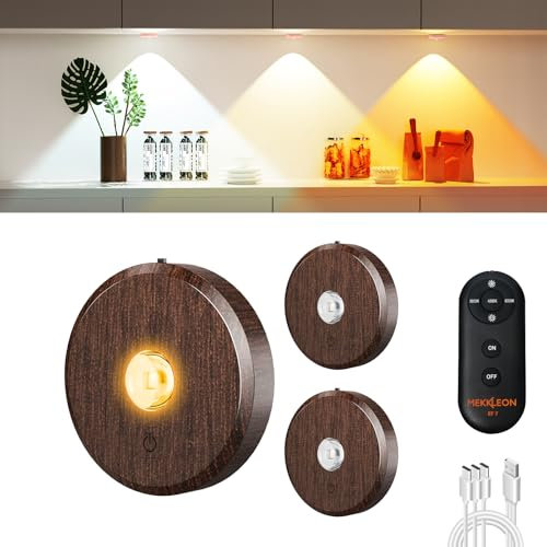 MEKKLEON vitrinenbeleuchtung led kabellos mit Fernbedienung, 2000 mAh Aufladbar LED Spots Akku, 3 Farbtemperaturen dimmbar, Unterschrankleuchte, Schrankleuchte, küchenunterschrank (Wood color, 3 Pcs)