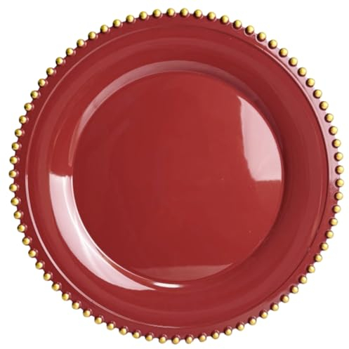 UOEKCS Platzteller mit roten Perlen, 33 cm, Kunststoff, rund, für Speiseteller, Party, Hochzeit, Geburtstag, 6 Stück