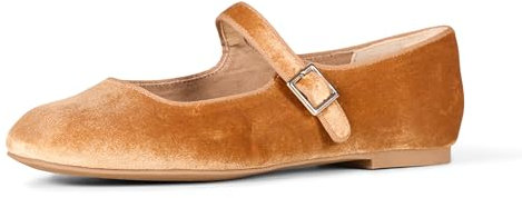 Amazon Essentials Women's Mary Jane Ballet Flats, Apricot Orange Velvet, 5.5 UK