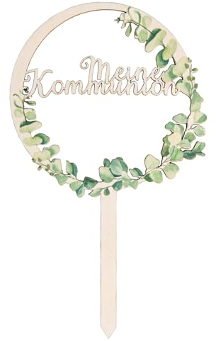 Cake Topper Kommunion: Tortendeko aus Holz, Caketopper Eukalyptus, Tortenstecker Erstkommunion, Kuchendeko für Junge & Mädchen, Tortentopper, Kuchedekor, 20 x 12 cm