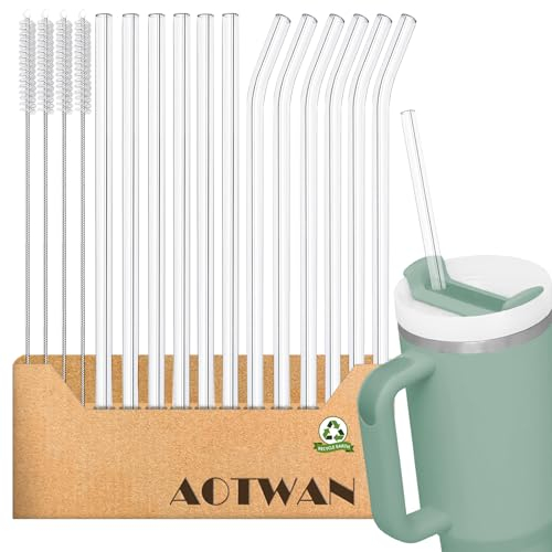 AOTWAN Glas Strohhalm für Stanley Cup 16 Stück Glasstrohhalme Lang 31cm, 6 Gebogenem + 6 Geraden Glas-Strohhalme mit 4 Reinigungsbürsten für Stanley Cup 30oz/40oz