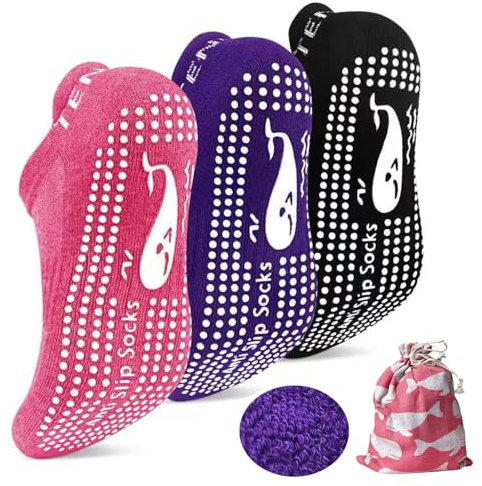 TENQUAN 3 Paare Rutschfeste Socket for Yoga Pilates Barre Anti rutsch Socken für Damen Herren 43-46 StopperSocken für Zuhause Krankenhaus Workout Sport (Lila Pink Schwarz)