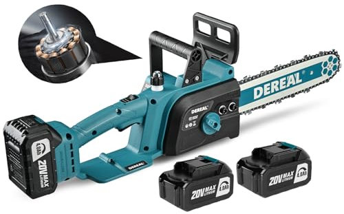 Brushless 12-Inch Electric Chainsaw Cordless, 2 × 4.0Ah Batteries Powered Chain Saw, 26 Ft/s 100 Cuts 20V Portable Compact Saw Handheld for Wood Cutting Upgraded Brushless Motor (Blue)