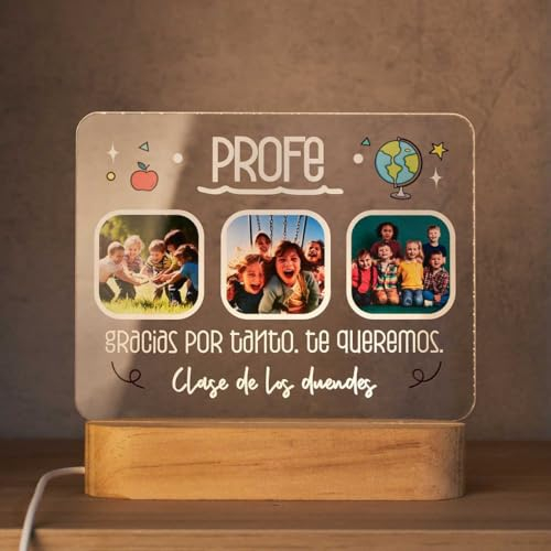 DEREGALOOS Lámpara LED Personalizada Profe con Fotos. Placa metacrilado con fotos y luz. Marco de Fotos Original. Regalos Originales para Profes. Base Inluida. (Profe fotos)