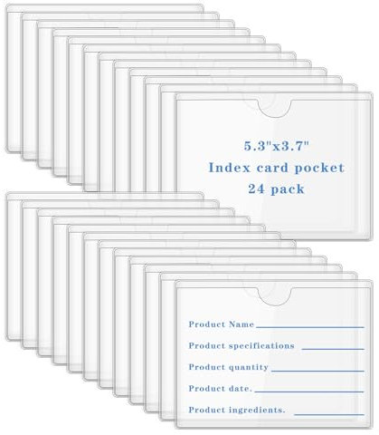 24Pcs Clear Adhesive Pockets Self Adhesive Index Card Holder 13.5 * 9.5cm Plastic Label Holders with Top Open Waterproof Business Card Holder Sleeves for Storage Boxes Library Office Bookshelf