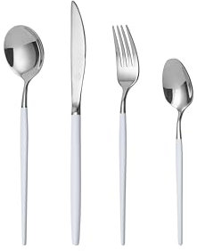 Mr.Spoon Juego de 24 piezas cubiertos para 6 personas,acero inoxidable 18/0, mango blanco cabeza plateado, con cuchillo, tenedor, cuchara, apto para lavavajillas.Para Casa, Hotel, Restaurante