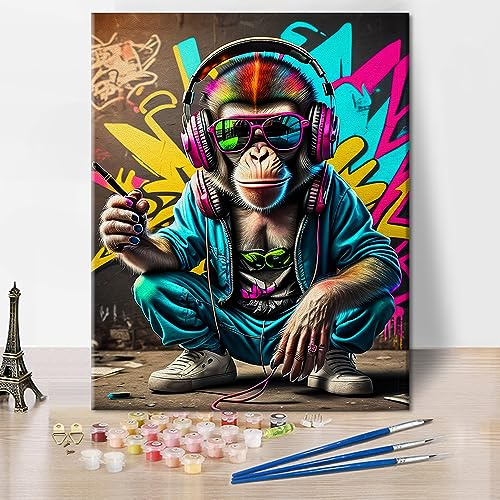 TISHIRON Malen Nach Zahlen Erwachsene, Graffiti Ölgemälde Kit - DJ Affe Mit Kopfhörer Und Sonnenbrille, Tiere Motiv - Ohne Rahmen 16 * 20 Zoll