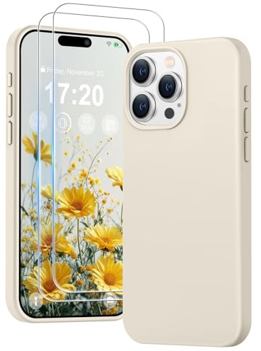 PuyaTeya 3-in-1 Silikon Hülle/Panzerglas für iPhone 15 pro, [1 Handyhülle+2 Stück Panzerglas] Hochwertiges Silikon, 9H Härte Panzerfolie, ratzfestes weiches Mikrofaserfutter(Beige)