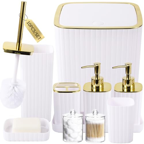 XLHOMO Badezimmerzubehör-Set – Wunderschönes Badezimmer-Set, 10-TLG weißes Badezimmerzubehör-Set, Toilettenbürste, Abfalleimer, Wattestäbchenhalterspender & Seifenspender