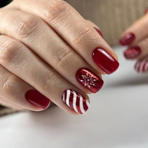 Ceboic 24 Pièces Noël Faux Ongles Court Carré Ongles à Coller Rayures et Flocon de Neige Blancs Ongles Acrylique Couleur Unie Rouge French Press on Nails pour Femmes et Filles Nail Art