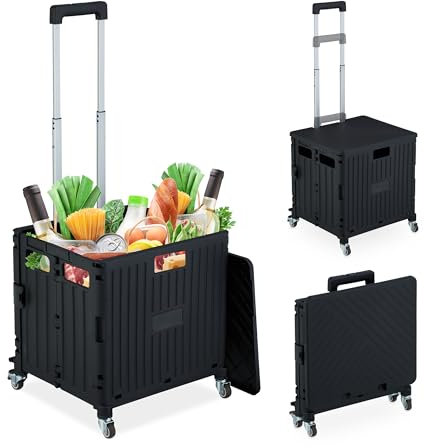Relaxdays Einkaufstrolley klappbar, Einkaufskorb mit Lenkrollen, bis 35 kg, Deckel & Teleskopgriff, Rollkiste, schwarz