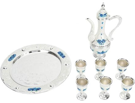 Juego de cafeteras vintage estilo europeo con bandeja para tazas de té para boda o hogar (plateado, blanco y azul)