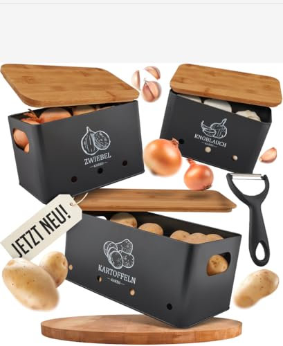 KARBU Boîte de rangement pour pommes de terre, oignons, ail - Couvercle en bambou - Récipient de rangement pour cuisine et garde-manger - Gadgets de cuisine modernes et noirs - Organisation et