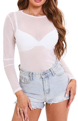 Eisnnu Mujer Camiseta Transparente Manga Larga Camiseta Sexy Malla Top Camiseta básica de Manga Larga para Fiesta, Ropa para Discoteca(FR,S,Blanco)
