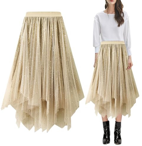 Baogaier Damen Pailletten Rock Tüll Elastisch Mesh Faltenrock Aprikose Elegante Hohe Taille Tüllrock A Linie Tutu Midirock Gefüttert Lagenrock Faltenkleid Fasching Party Karneval Kostüm