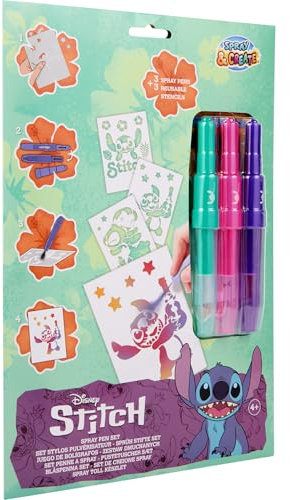 Disney Stitch - Spray & Create - Feutres à souffler avec pochoirs - Set de coloriage A4 en enveloppe - Kit de dessin pour enfants avec feutres et pochoirs (ST23363)