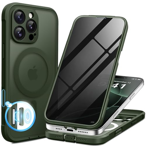 BERFY for iPhone 16 Pro Max Case, Compatible with Magsafe, Deep Green | Built-in Privacy Screen Protector, Full Camera Protection, Shockproof Full Body Translucent Matte Magnetic Phone Case 6.9