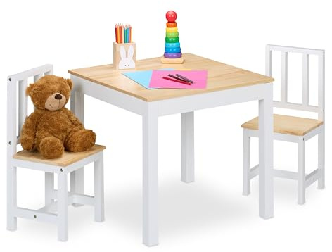 Relaxdays Kindersitzgruppe, 3-TLG., Kindertisch mit 2 Stühlen, Mädchen & Jungen, Sitzecke fürs Kinderzimmer, weiß/Natur
