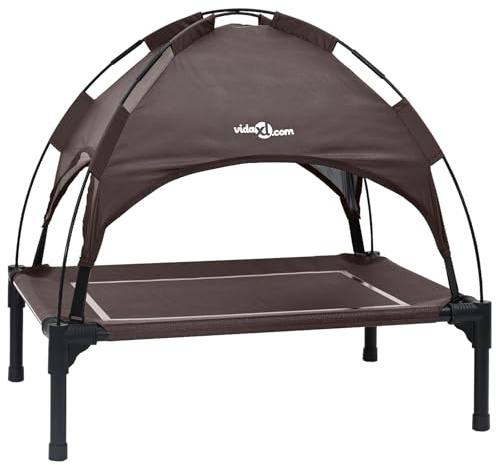 vidaXL Hochbett für Hunde mit abnehmbarem Dach in Braun aus Stahl | Atmungsaktive Überdachung für drinnen und draußen | Einfach zu reinigender Bezug | Bequemer Schlafbereich | Modernes Design