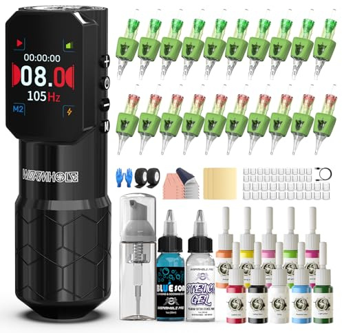 Wormhole Tattoo Maschine Set – Kabelloses Tattoo Set mit Tattoo Maschine, Jump-Start & Dotwork Modus, 1500mAh Akku, 20 Tattoo Nadeln, 10 Tattoo Farben – Komplett Tattoo Stifte Set für Anfänger