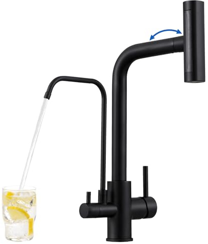 ROVOGO 3 Way Kitchen Mixer Tap Black with Pull Out Spray and Water Filter, Monobloc Kitchen Sink Tap with 4 Spray Modes, Dual Lever Stainless Steel 304 Kitchen Faucet 360° Swivel, High Arc, L-spout