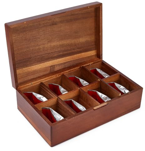 DICOSMETIC 8 Grids Wooden Tea Bag Organizer Box Large Tea Packet Storage Boxes Wood Storage Chest for Beverage Supplies, Sugar, Coffee Individual Packets Housewarming Gift, 31x19.5x9.9cm