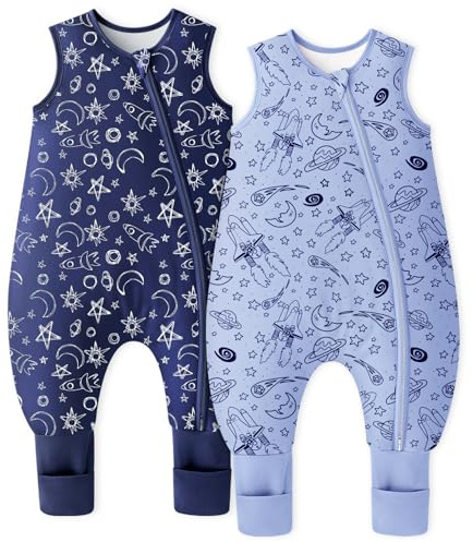Unnivoll Baby Schlafsack mit Füßen 1,5 Tog 2er Pack Schlafsack Baby Baumwolle Ganzjahre Schlafsack mit Beinen Babyschlafsack Weich 90 cm für Jungen Mädchen Blauer Raum