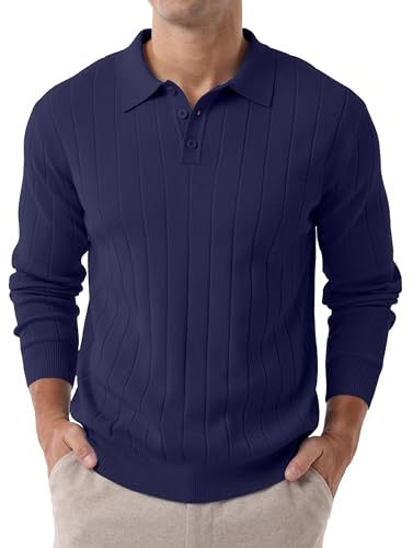 Hisir Mens Polo Jumpers Long Sleeve Winter Knit Sweater Shirts Regular Fit Casual Classic Vertical Stripes Tops
