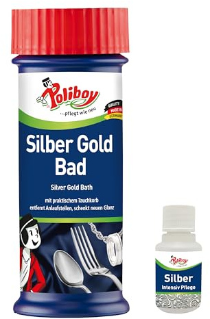 POLIBOY Silber Gold Bad - Tauchbad zur Glanzauffrischung - Entfernt Dunkle Anlaufstellen und Schenkt Schmuck Neuen Glanz - 1 x 375 ml - Inkl. Produktprobe - Made in Germany