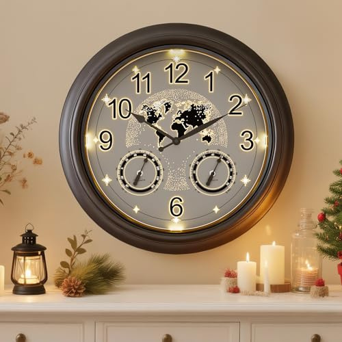 Pytha Sight Garden Clocks Outdoor Waterproof, 18 Inch (45cm) Illuminated Garden Wall Clock with Automatic Light Sensor, Star World Map Design, Thermometer & Hygrometer for Porch, Patio & Pool