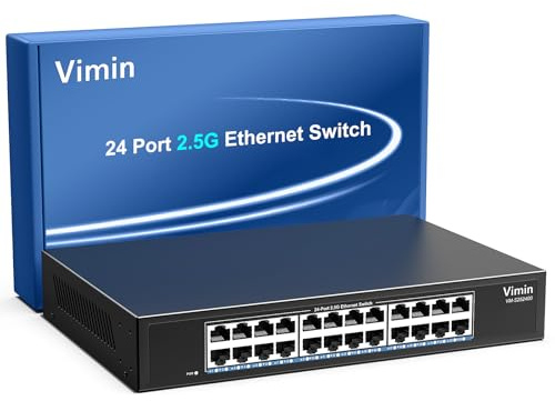 VIMIN Switch 2.5G Non gestito, 24 Porte 2.5 GB Base-T Ethernet Switch, 2.5 GB Network Switch Plug & Play, Compatibile con 10/100/1000/2500 Mbps, Metal Housing, Fanless, per 2.5 Gbps Nas, Wireless AP