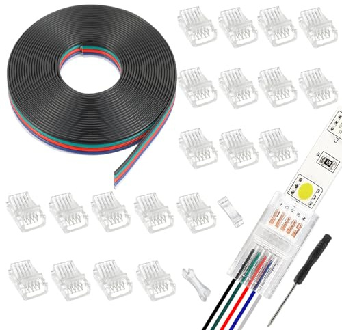 EPLZON 5 Pin 10 mm LED Strip Connector LED Light Quick Connector RGB Lights Adapter Clear Unwired Gapless Track Lighting Connector with 5M/16.4ft Cable(20pcs)