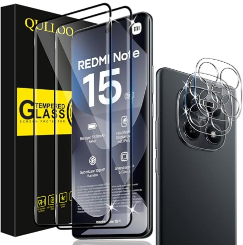 QULLOO Protector de Pantalla para Xiaomi Redmi Note 15 5G, 2 Piezas Cristal Templado y 2 Piezas Protector de Lente de Cámara, Dureza 9H Ultra Resistente Vidrio Templado