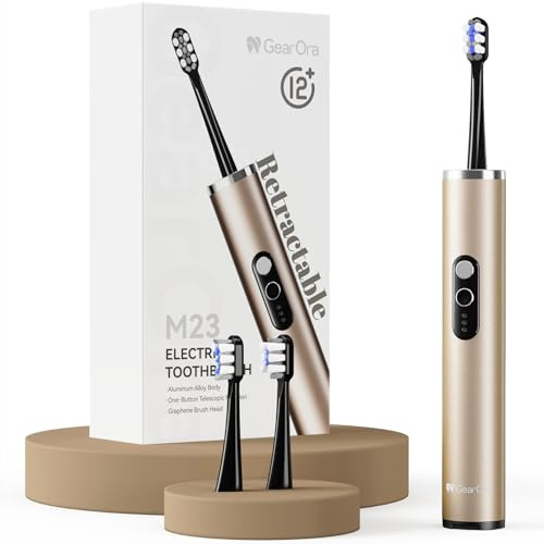 GearOra M23 Versenkbare Reisezahnbürste mit UV-Reinigung, Schallzahnbürste, Elektrische Zahnbürste für Erwachsene, 30 Tage Akku, Aluminiumgehäuse, 130g Ultraleicht, 3 Modi, USB-C, IPX7, Gold