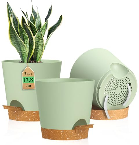 WSMKSZ 17.8 cm Self Watering Plant Pots Indoor Outdoor, 3 Pack Flower Pots | 7 inch Thick Plastic Medium Planters with Drainage Holes & Removable Reservoir, Cotton Wick, for House Plants, Green Brown