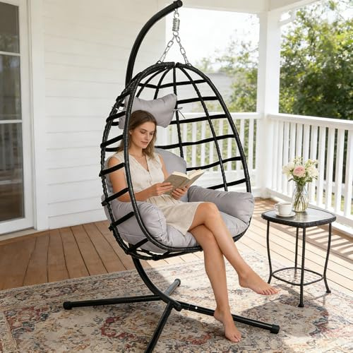 Hanging Egg Chair Indoor&Outdoor - Garden Swing Chair with Cushion & Stand- Hanging Chair Outdoor and Indoor - Foldable Hammock Chair - Maximum Load 150kg (Black Frame + Gray Cushion)