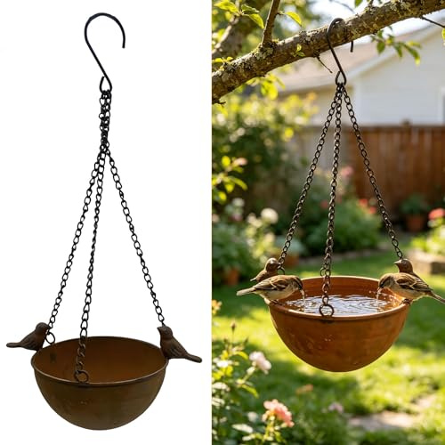Vogeltränke Hängend aus Metall, Winterfest Vogelfutterspender mit Metallhaken, Vogeltränke zum Aufhängen, Rostfarbe Vogelfutterhaus Hängend, Wassertränke für Vögel, Gartendeko für Draußen (1 Stück)