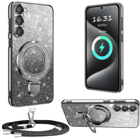 XCYYOO Coque avec Cordon pour Samsung Galaxy S23 avec Support,Protection Transparente Crystal Glitter Sequins Silicone avec Collier Antichoc Étui pour Samsung S23 Housse,Noir