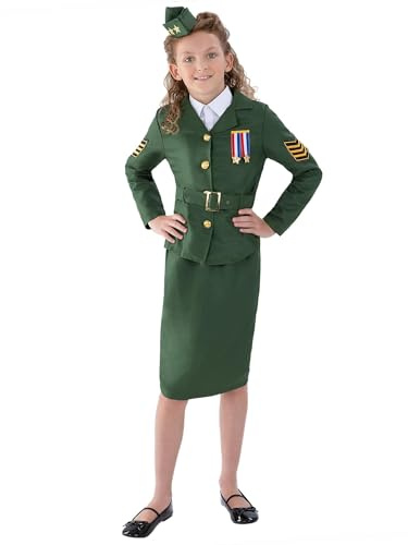 Smiffys WW2 Army Girl Costume, Khaki Green with Jacket, Skirt, Attached Belt and Hat, Girls Fancy Dress, 1940s Dress Up Costumes