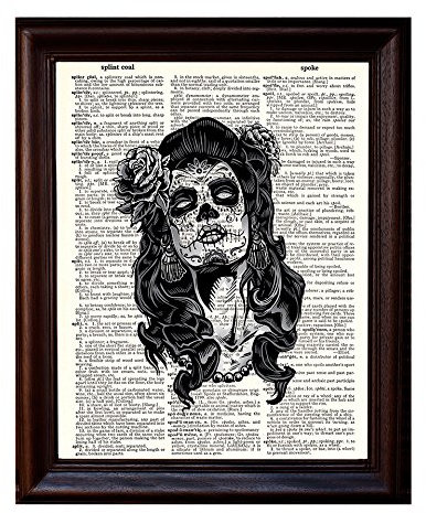 Wörterbuch-Kunstdruck, Tag der Toten, Sugar Skull Girl, klein, gedruckt auf recyceltem Vintage-Wörterbuchpapier, 20,3 x 27,9 cm, Mixed Media Poster auf Vintage-Wörterbuchseite
