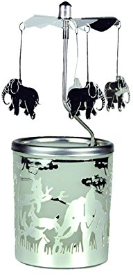 Kerzenfarm Rotierender Teelichthalter mit Elefanten, Metall und Glas, silberfarben, 16,5 cm hoch
