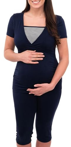 Herzmutter Pyjama Grossesse - Pyjama Maternité Allaitement - Vêtement de Nuit - pour Femme Enceinte - Pyjama Ensemble Maternité - Pantalon midi - Manches Courtes - 2600 (M, Bleu/Blanc)