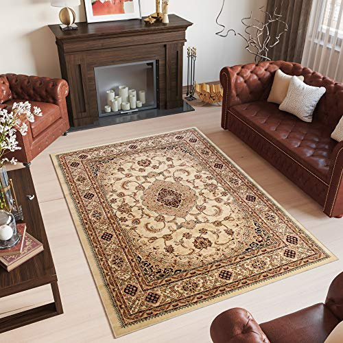 TAPISO Yesemek Klassisch Teppich Kurzflor Wohnzimmer Orientalisch Ziegler Floral Medaillon Muster Bordüre Creme Beige Barock Design ÖKOTEX 250 x 350 cm