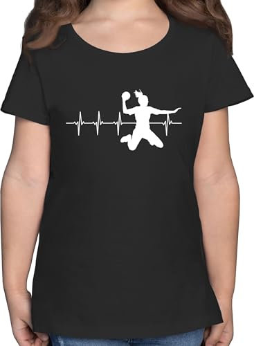 T-Shirt Mädchen - Kinder Sport Kleidung - Handball Herzschlag für Damen - 152 (12/13 Jahre) - Schwarz - Outfit Sportshirt 25. Geburtstag Handballerin Tshirt Sport-Shirt Shirt Kurzarm wm Shirts
