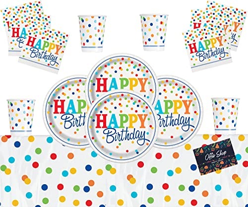 Rainbow Polka Dot Party Supplies Happy Birthday Tableware Set- Rainbow Party Decorations Serves 16 People