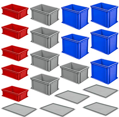 BRB 15x Stapelbox / Eurokästen in 3 Größen / 3 Farben LxB 400x300 mm, je 5x 170, 220, 320 mm hoch + 5x Auflagedeckel!
