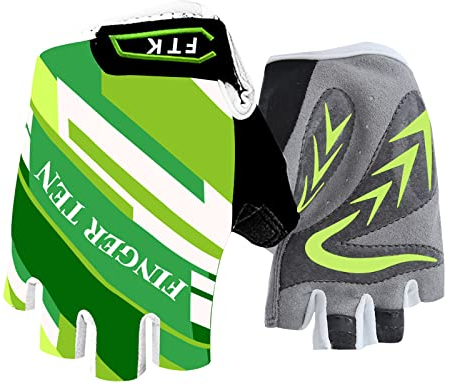 FINGER TEN Fahrradhandschuhe Kinder MTB Handschuhe Fahrrad Outdoor Bike Gel Halbfinger Sporthandschuhe Radhandschuhe Wert 1 Paar Grün XL, für Sommer Freizeit Jungen Mädchen Alter 2-10 Jahre